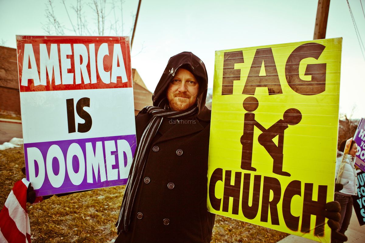 Steve Drain, member of the Westboro Baptist Church protesting in front of Congregation Kol Ami in Salt Lake City. A former documentary filmaker, he is not related to the Phelps family. He is in charge of WBC multimedia projects.  The Westboro Baptist Church has become notorious in the United States for picketing the funerals of fallen US soldiers.  Their claim is that god is punishing America for allowing gay rights. (Dan Morris)